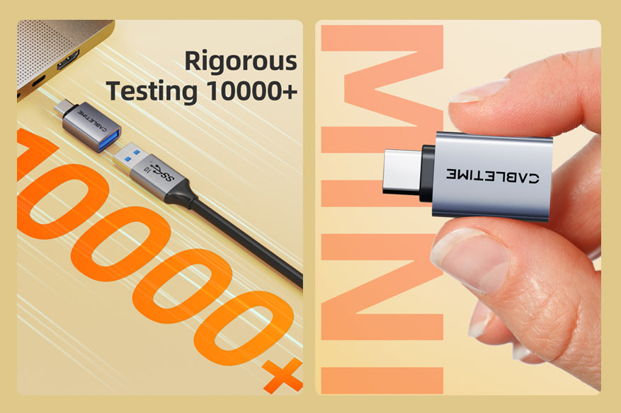 USB-C to USB-A adapter shown passing 10,000+ plug tests for durability, with compact size emphasized by fingers holding the mini adapter.