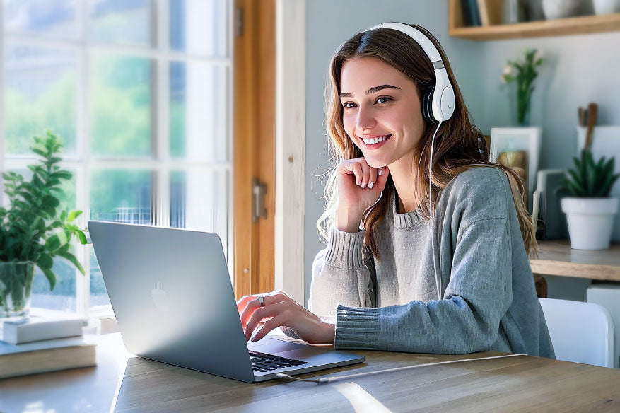 Smiling woman wearing wired headphones connected via CABLETIME USB-C to 3.5mm headphone jack adapter to a laptop, engaged in a video call in a bright home office.