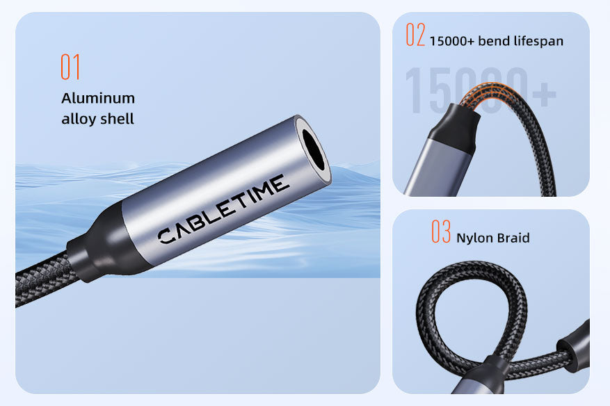 Close-up of CABLETIME USB-C to 3.5mm adapter showcasing aluminum alloy shell, 15,000+ bend lifespan, and durable nylon braided cable design.