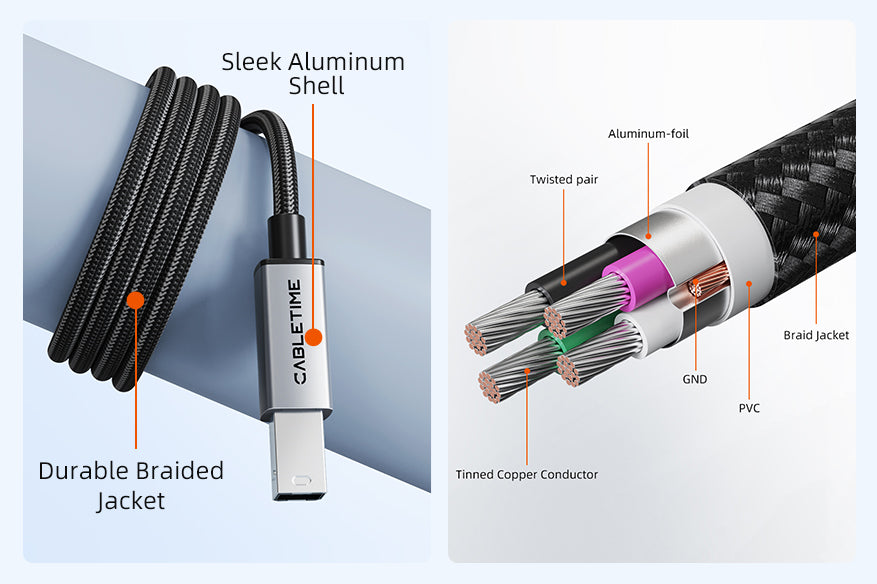  USB C Printer Cable is made with a sturdy aluminium shell and durable braided jacket for everyday use.