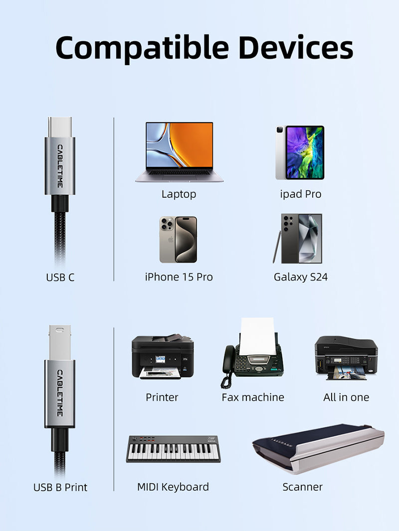 USB C to USB B 2.0 printer cable