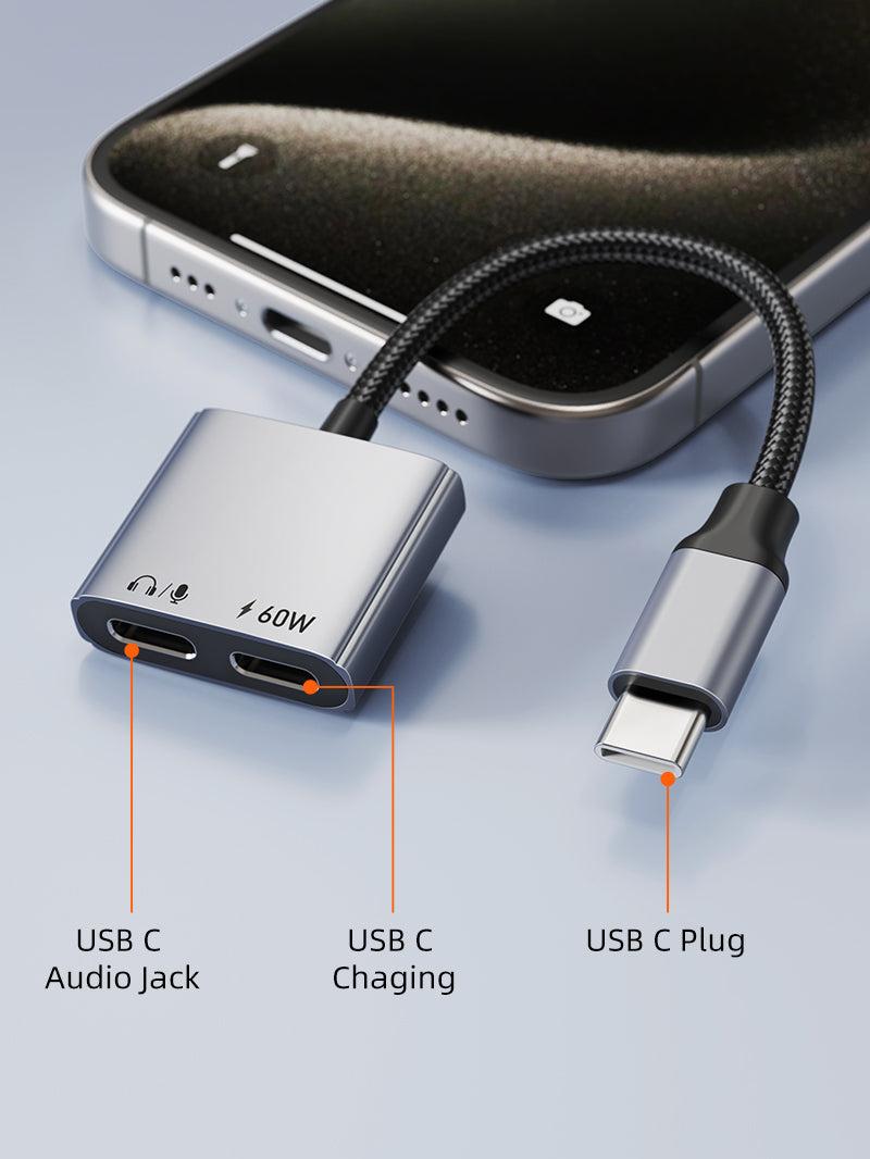 USB C Splitter 2-in-1 USB C to Dual USB C Headphone and Charger Adapter 