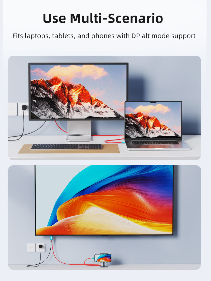Cabletime USB-C to HDMI cable adapter connecting laptops, tablets, and phones to monitors and TVs for multi-scenario display

