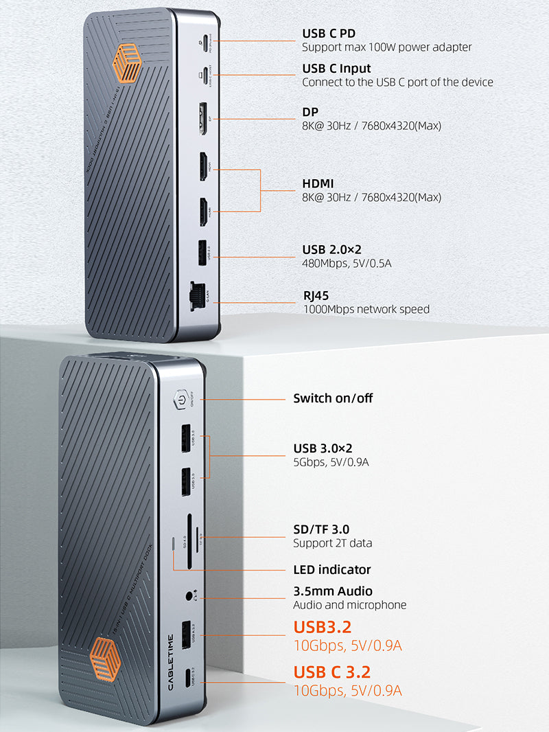 8K USB LAPTOP Docking Station dual HDMI สามจอภาพสำหรับ Asus Dell MacBook