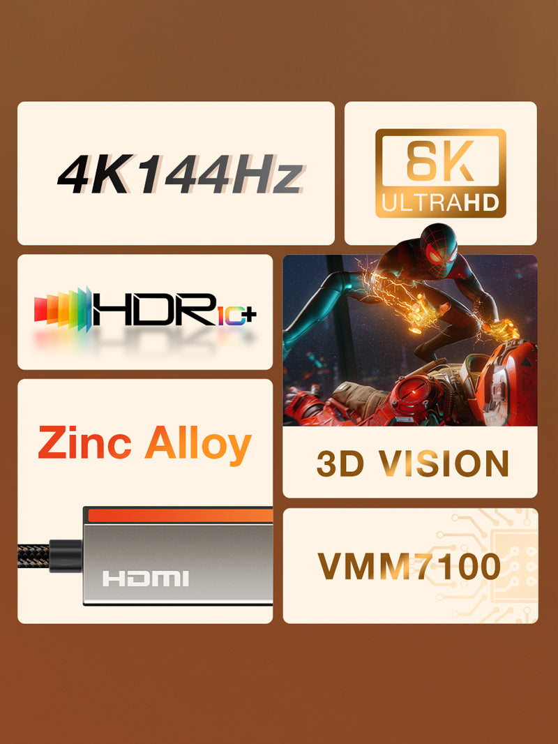 Câble Adaptateur DisplayPort vers HDMI, 8K 60Hz, 4K 144Hz, HDR10, DP 1.4  vers HDMI 2.1 - Convertisseur Vidéo Actif, Adaptateur DisplayPort vers