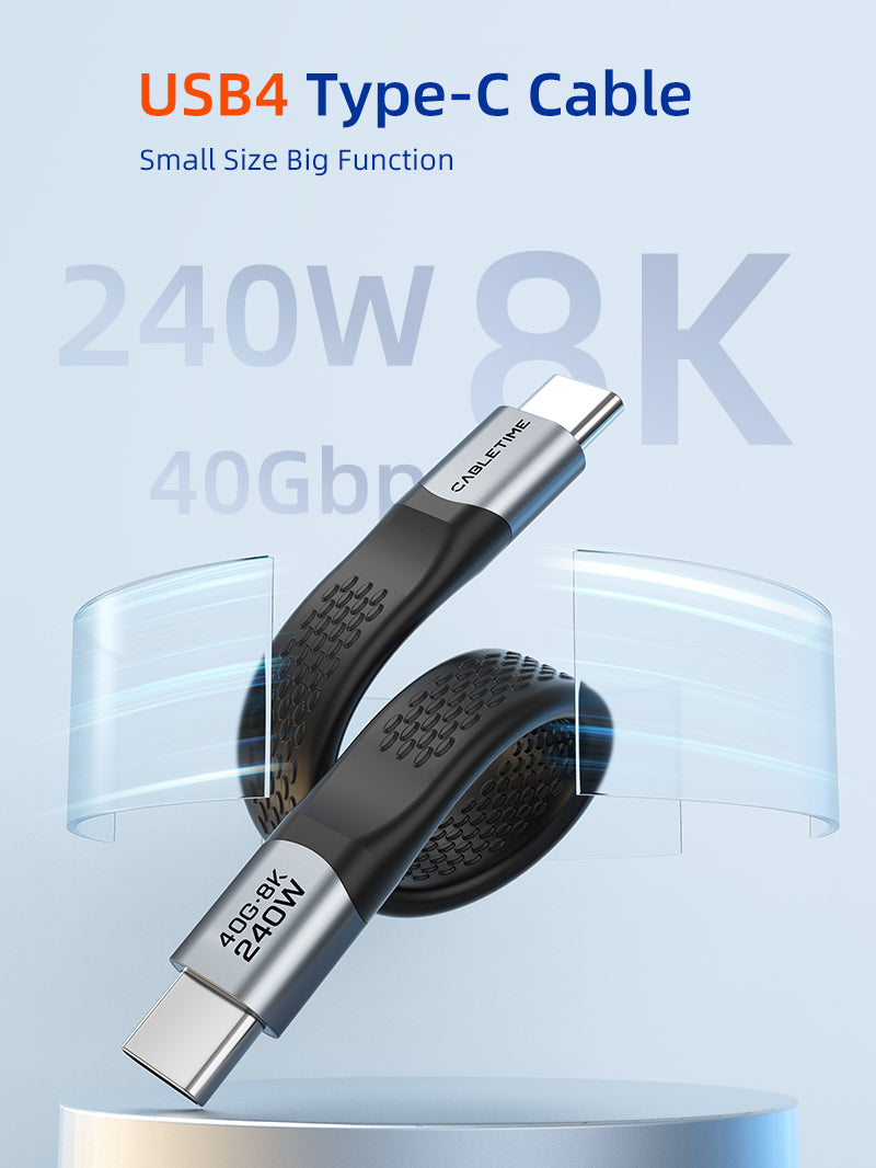كابل USB 4 من النوع C مسطح قصير بسرعة 40 جيجابت في الثانية 240 وات 8K@60 هرتز