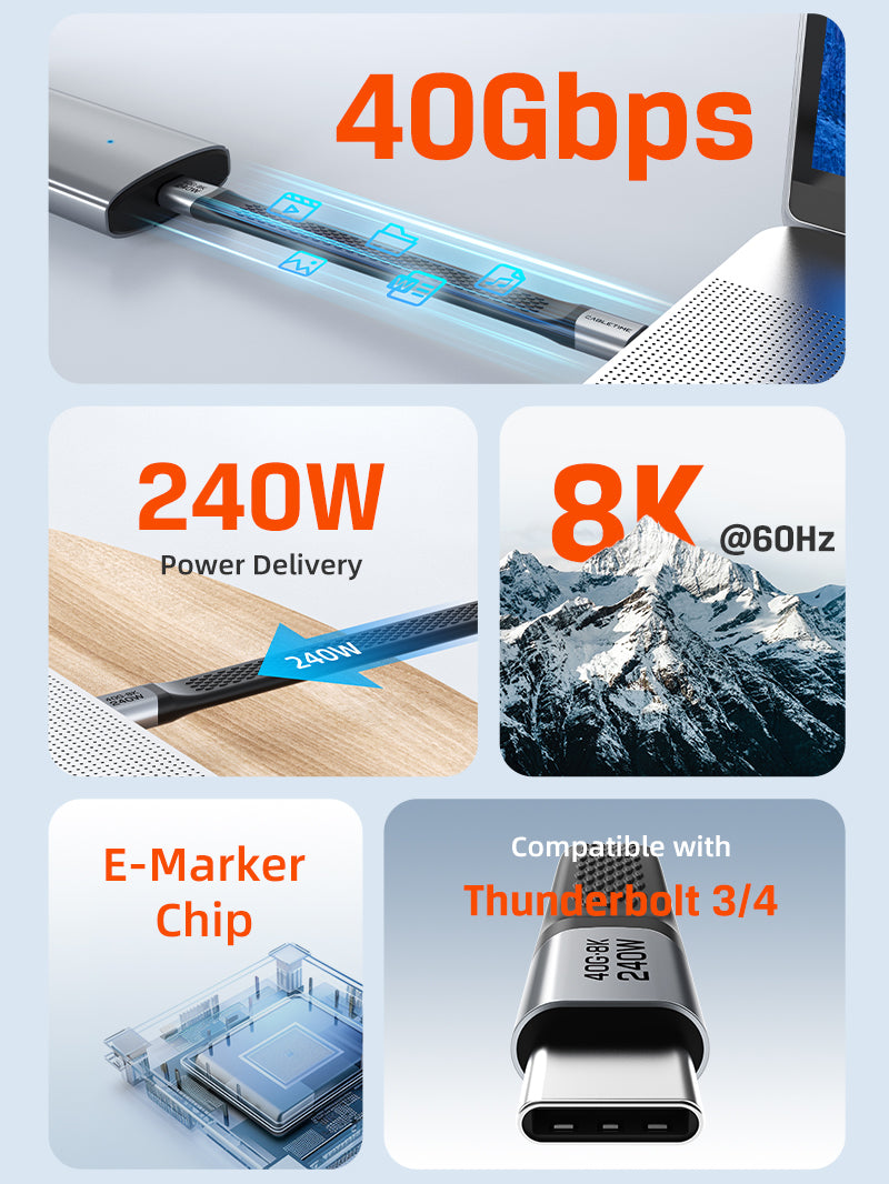 Short Flat USB 4 Type C Cable 40Gbps 240W 8K@60Hz 