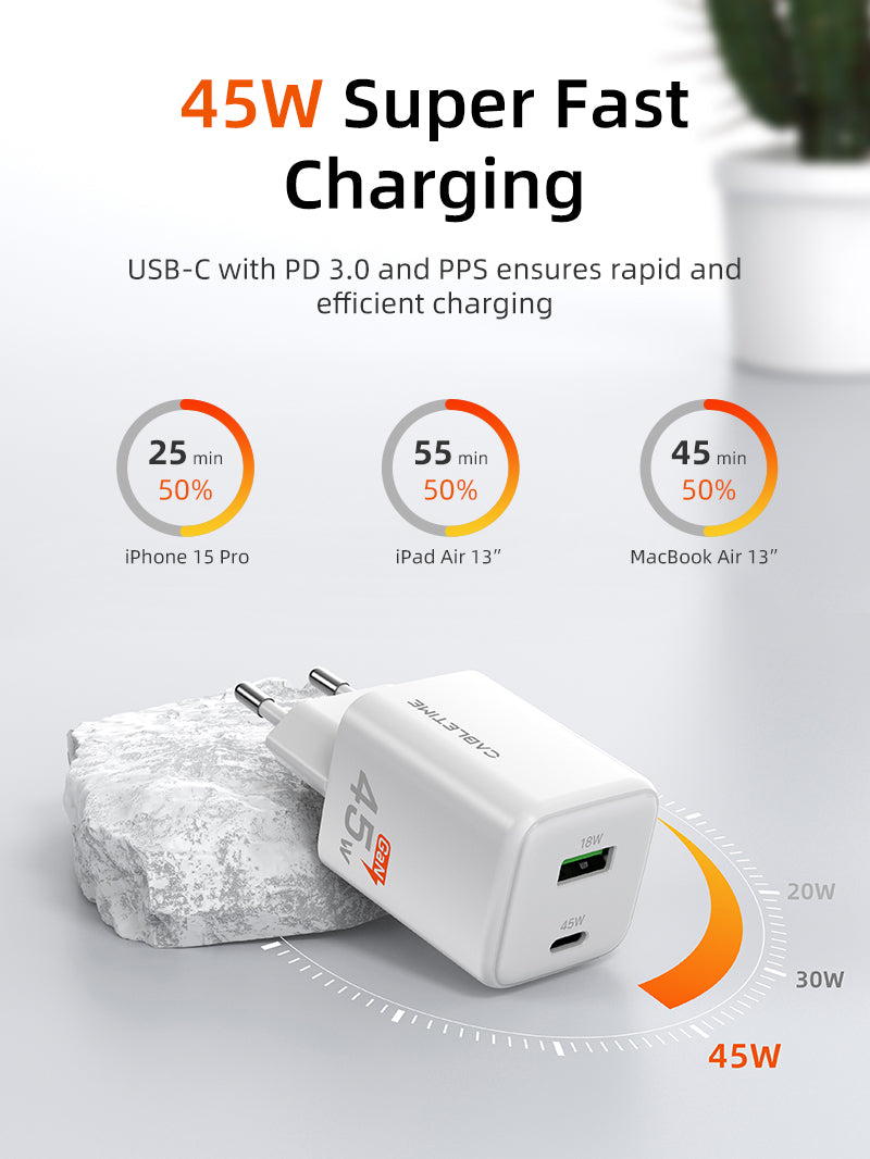 45W USB C Charger Dual GaN USB C and USB A Wall Charger 