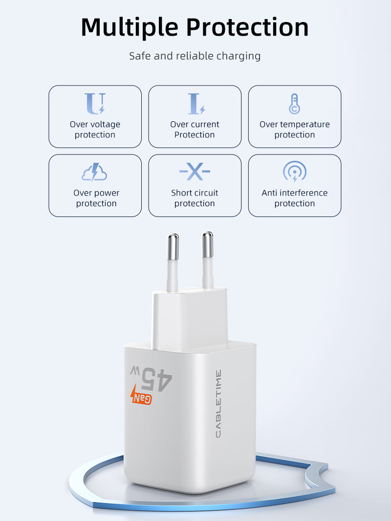 45W USB C Charger Dual GaN USB C and USB A Wall Charger 