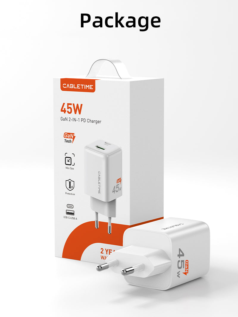 45W USB C Charger Dual GaN USB C and USB A Wall Charger 