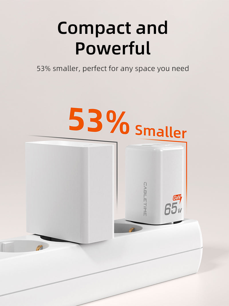 Portable 65w GaN USB-C Charger -3 Ports Wall Charger for Laptop Phone 