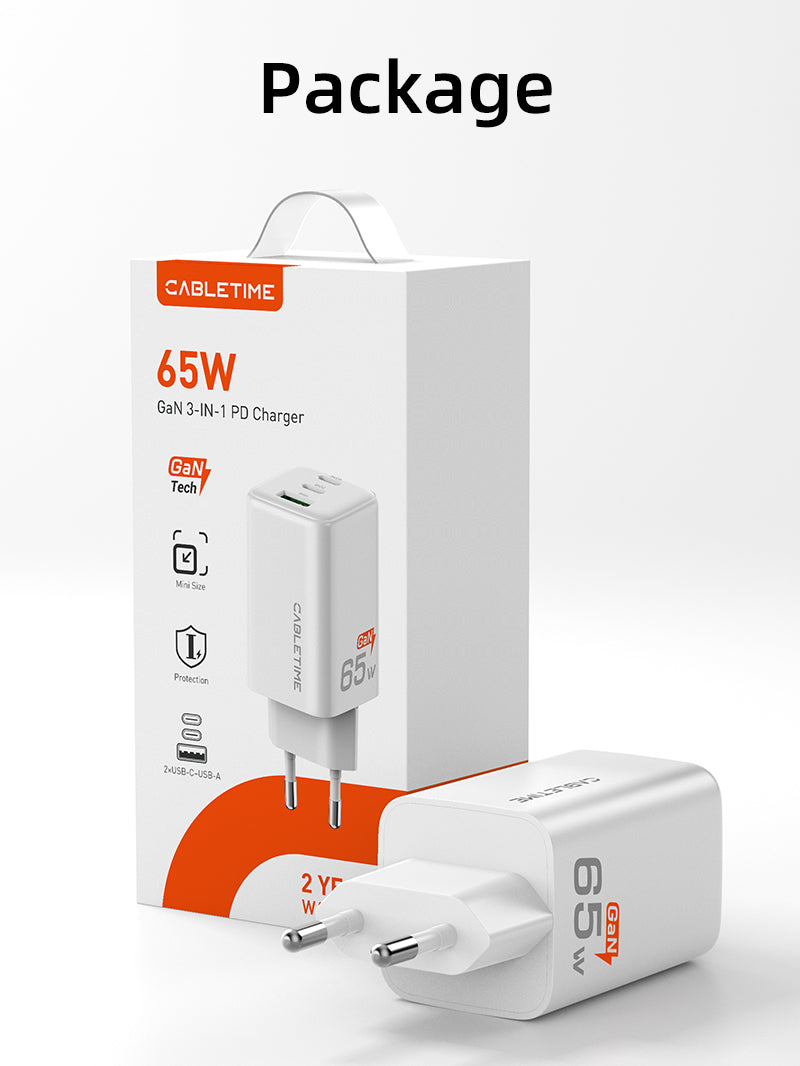 Portable 65w GaN USB-C Charger -3 Ports Wall Charger for Laptop Phone 
