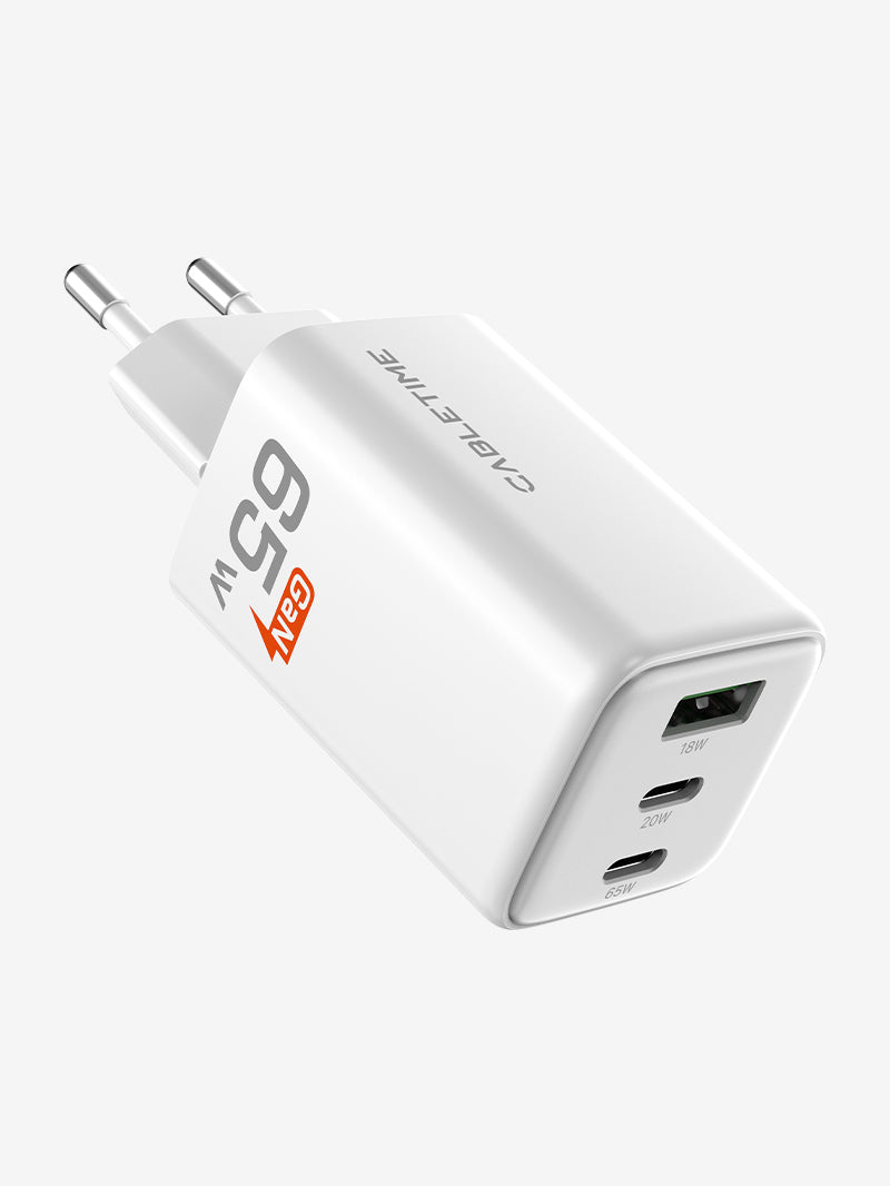 Portable 65w GaN USB-C Charger -3 Ports Wall Charger for Laptop Phone 