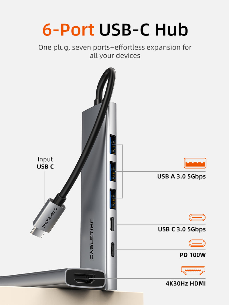 6 IN 1 USB C Hub with HDMI and 100W Power Delivery for Macbook Pro Air