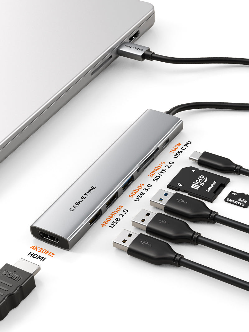 Ultra delgado aluminio Multiport 7 en 1 USB-C Hub para MacBook Pro