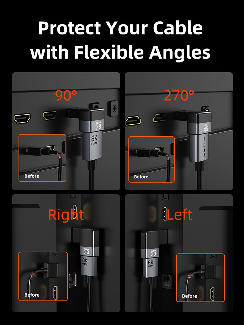 8K HDMI 2.1 Adapter Male to Female 90 Degree 270 Degree Left and Right Angle for TV