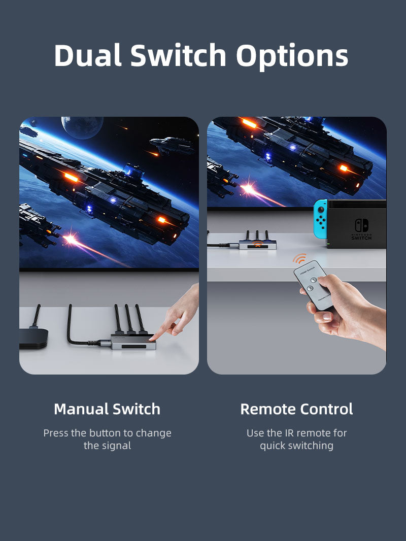 3-Port HDMI Switcher 4K 60Hz with Remote Control Manual for PS5 PS4 Xbox Fire Stick Roku Apple TV PC