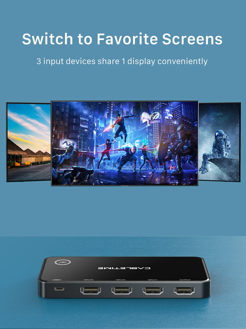 3 Port 4K HDMI Switch with IR Remote for TV Monitor 