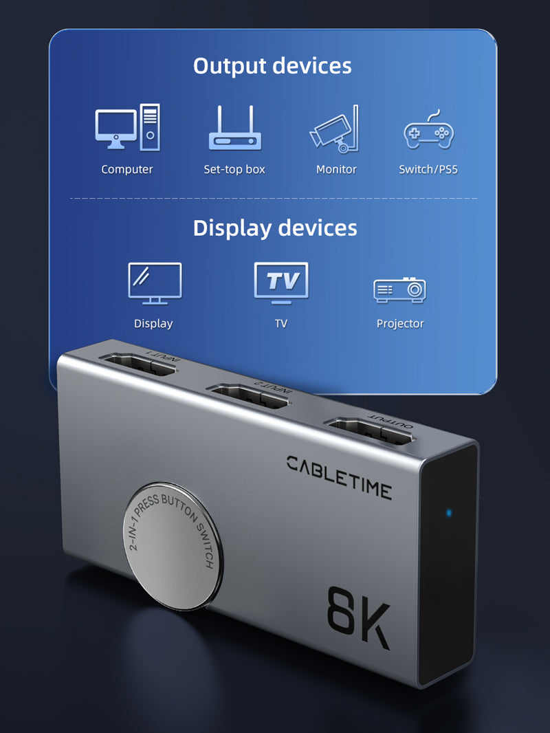 Bi-direction 8K HDMI 2.1 Switcher 4K 120Hz 2 In 1 Out