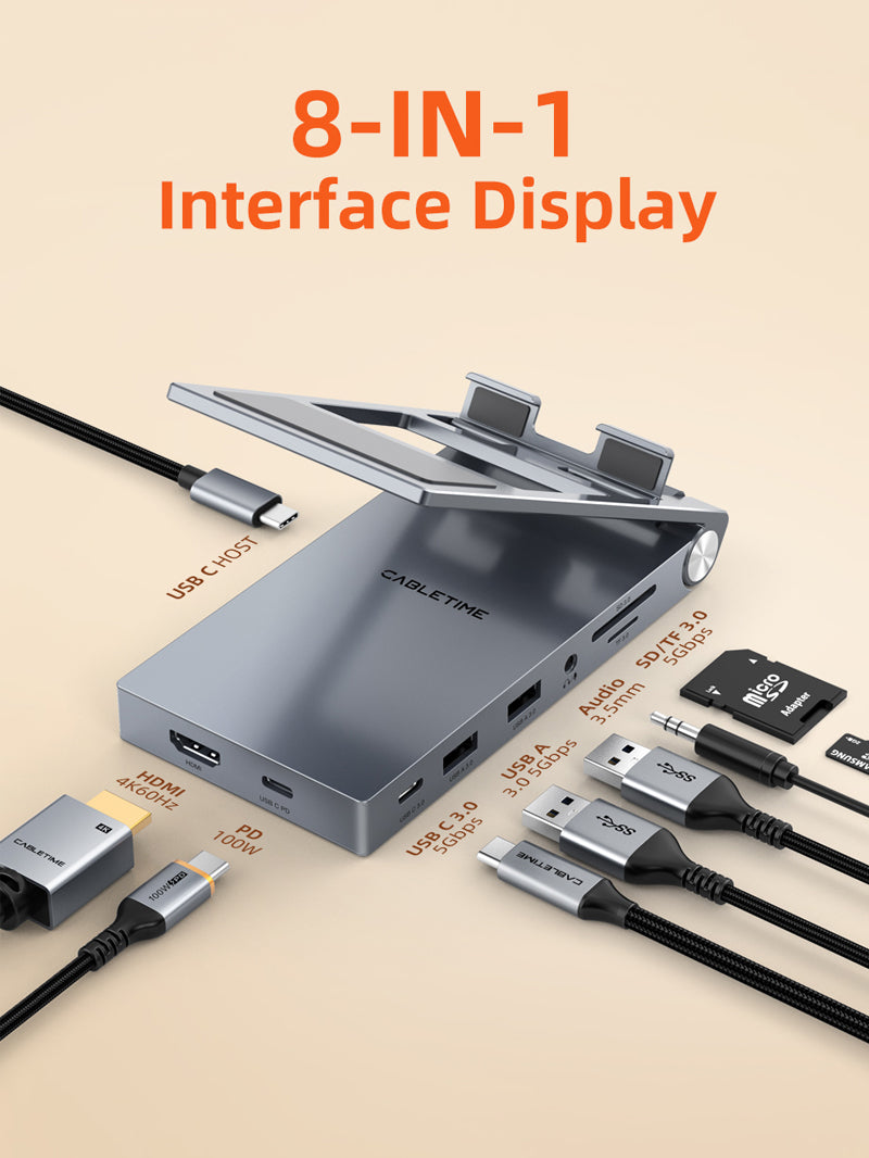 8 IN 1 USB C Hub with Foldable Stand for iPad Pro Android Tablet 