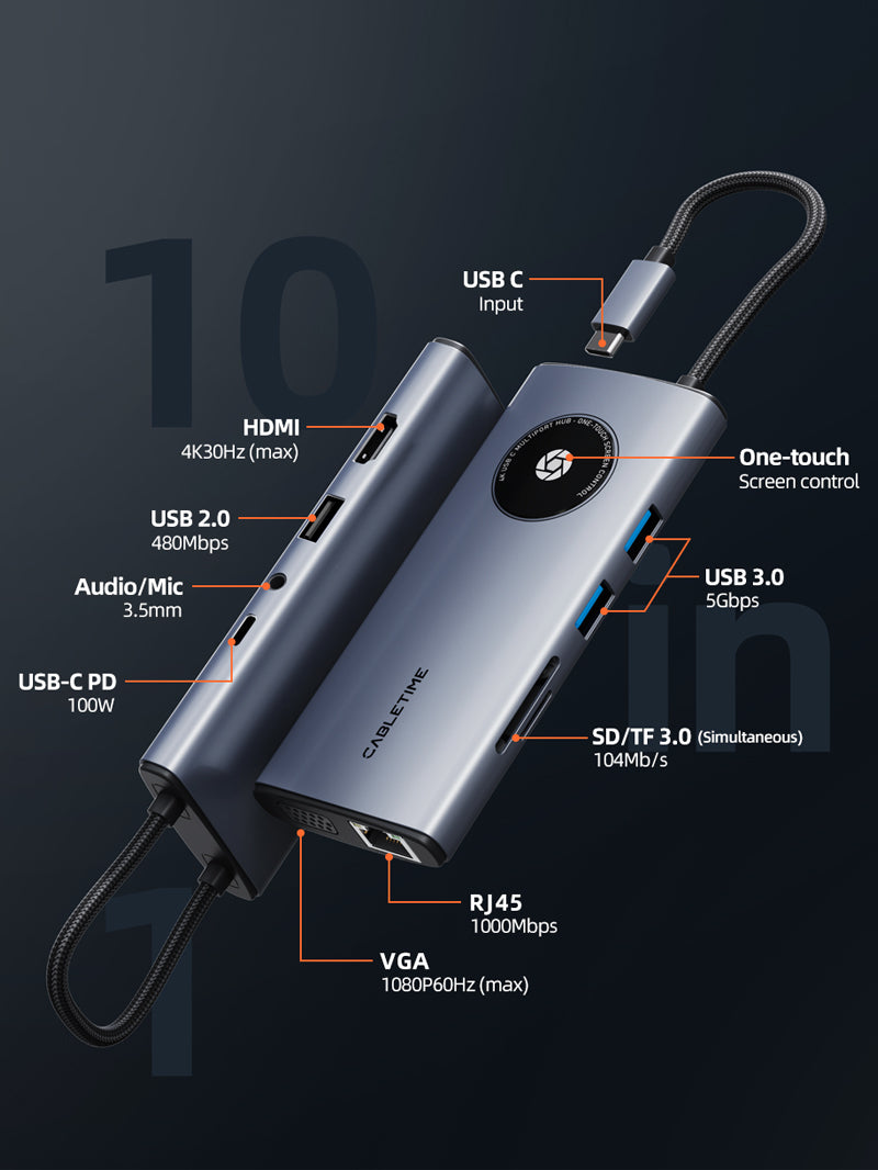 10 port usb c hub with hdmi vga ethernet sd card 100w power delivery usb 3.0