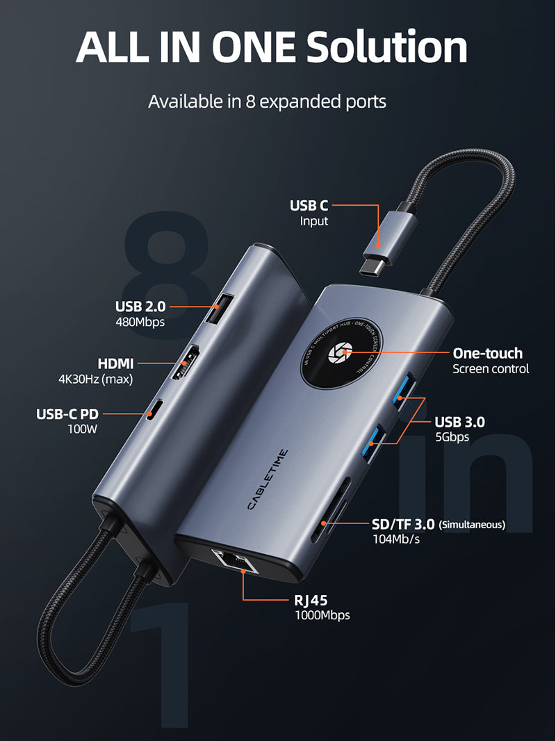 8-en-1 Hub Adaptador de USB-C con puerto Ethernet HDMI para Macbook Pro