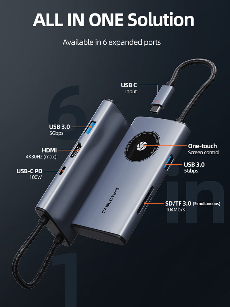 6 IN 1 USB C Multiport Travel Hub for iPad Android Tablet iMac 