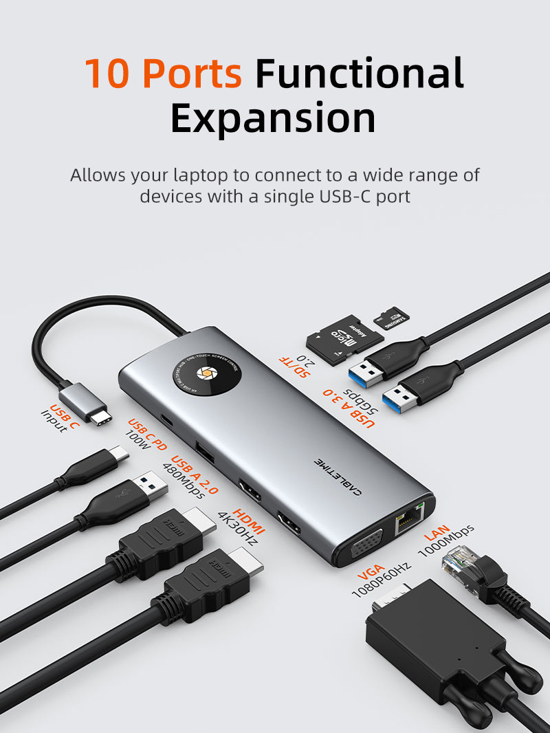 10 em 1 Multi USB C Hub Adapter 4K com VGA e HDMI Ethernet