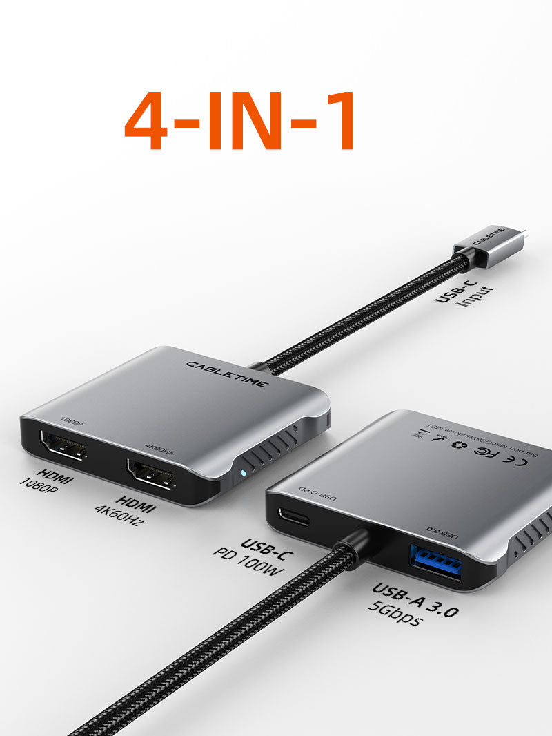 Dual Monitor USB-C Hub for MacBook & Windows 4-in-1 with 2 HDMI,100W PD & USB 3.0