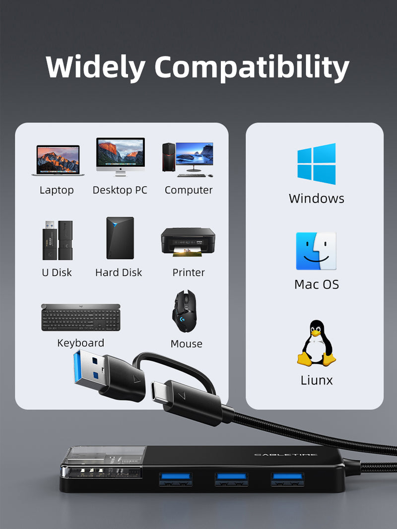 USB type C to 4 port USB 3.0 Hub 5Gbps for Mac with Type C to USB Adapter 