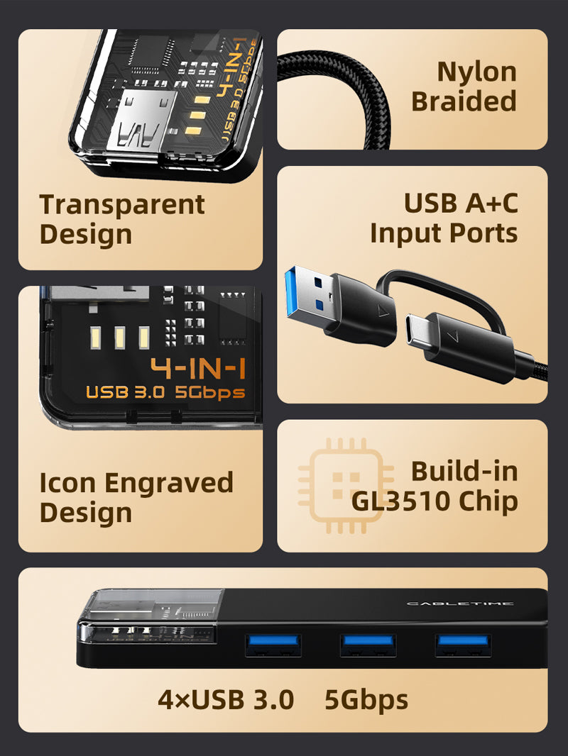 USB type C to 4 port USB 3.0 Hub 5Gbps for Mac with Type C to USB Adapter 