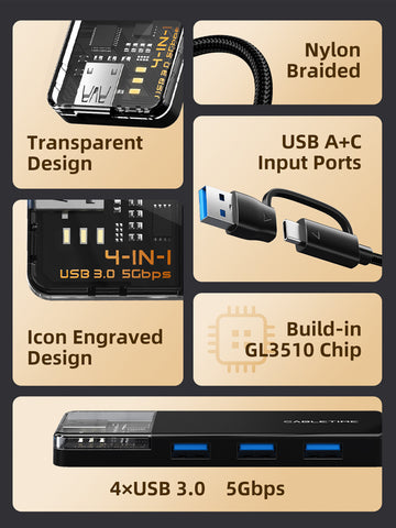 Crystal Clear USB Type C ถึง4พอร์ต USB 3.0 HUB 5Gbps สำหรับ Mac พร้อมอะแดปเตอร์ Type C เป็น USB