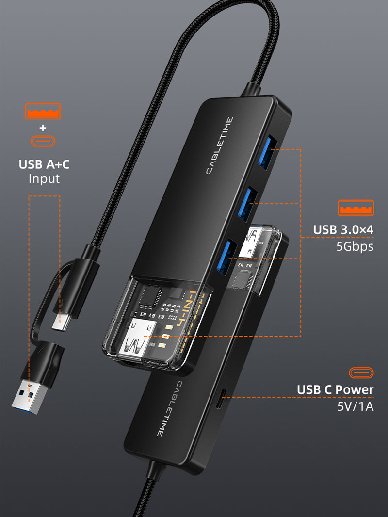 Crystal Clear USB tipo C a 4 puertos USB 3,0 Hub 5Gbps para Mac con adaptador de tipo C a USB