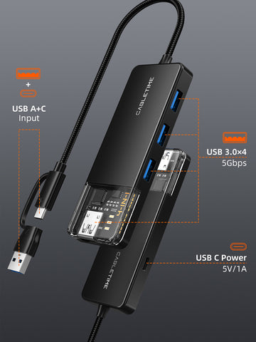 Crystal Clear USB tipo C para 4 portas USB 3.0 Hub 5Gbps para Mac com tipo C para adaptador USB