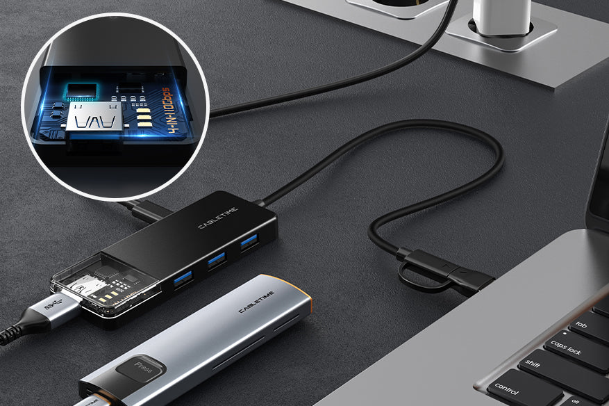 CABLETIME USB A 4 port hub Powered by the advanced GL3510 chip for delivering efficient data processing