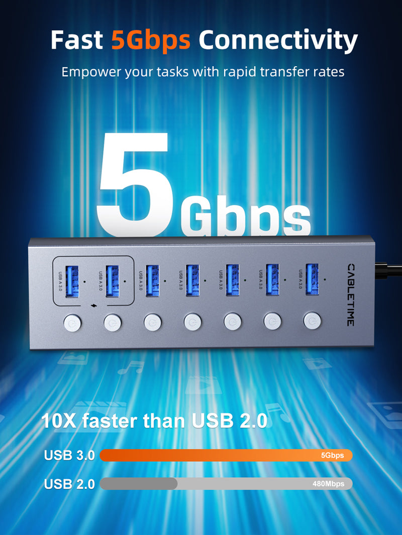 7 Port Powered USB 3.0 Hub Splitter With Long Cable for Laptop PC 