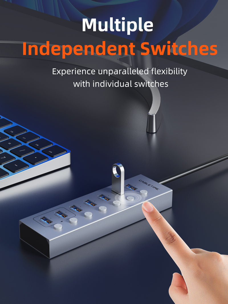 7 Port Powered USB 3.0 Hub Splitter With Long Cable for Laptop PC 