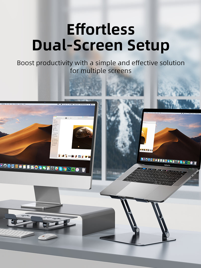 Height adjustable laptop stand boost productivity with a simple and effective solution for multiple screens.