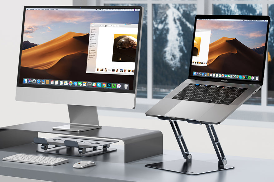 The aluminum adjustable laptop stand elevates your device to align perfectly with an external monitor, creating an ergonomic and organized workspace.