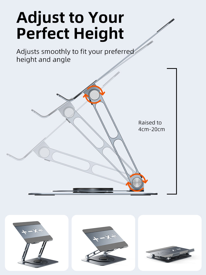 CABLETIME rotating laptop stand adjusts smoothly to fit your preferred height and angle.
