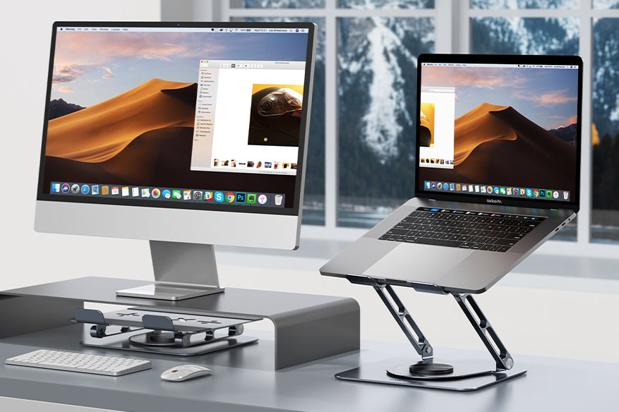 Boost your efficiency with the 360° rotatable laptop stand, designed to elevate your laptop to the same height as your external monitor.