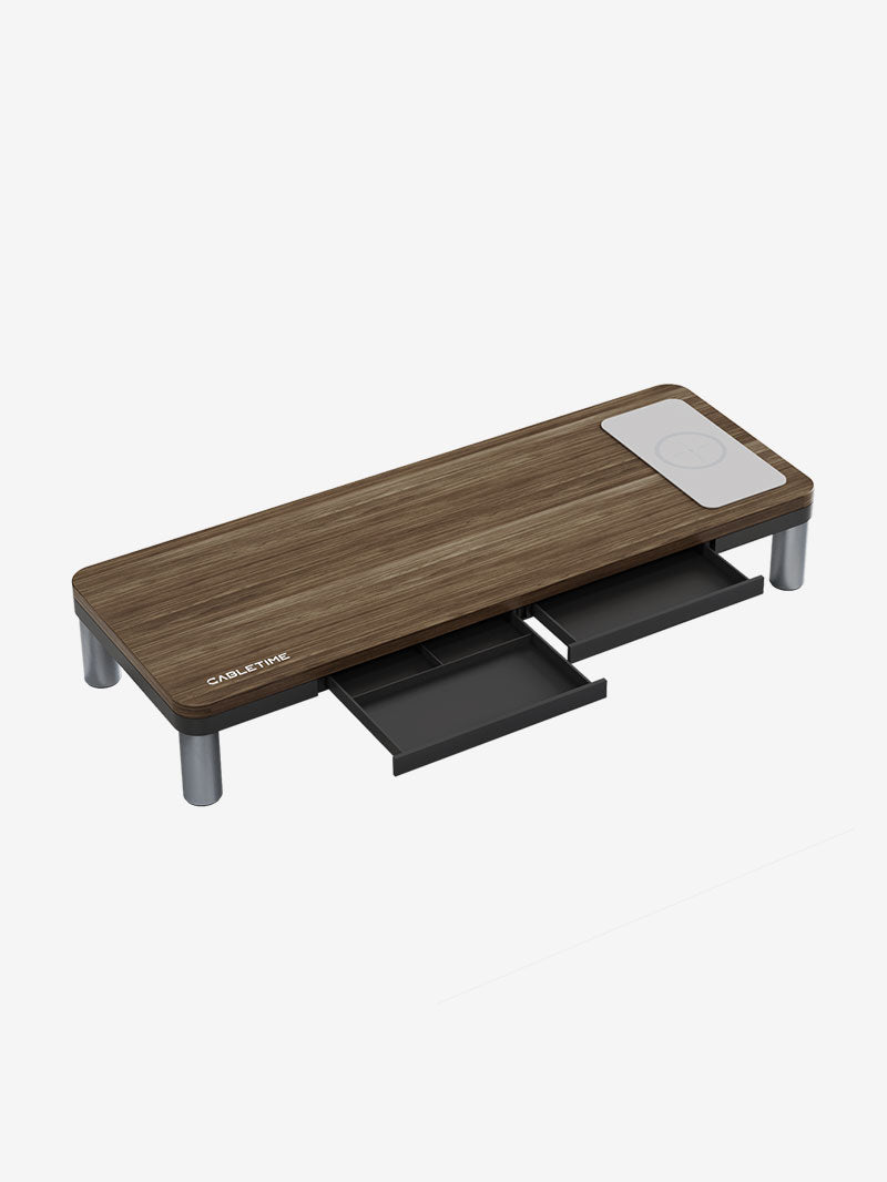 Cabletime wood grain monitor stand with wireless charging pad and dual storage drawers, designed with 9-in-1 docking station for ergonomic desktop organization.