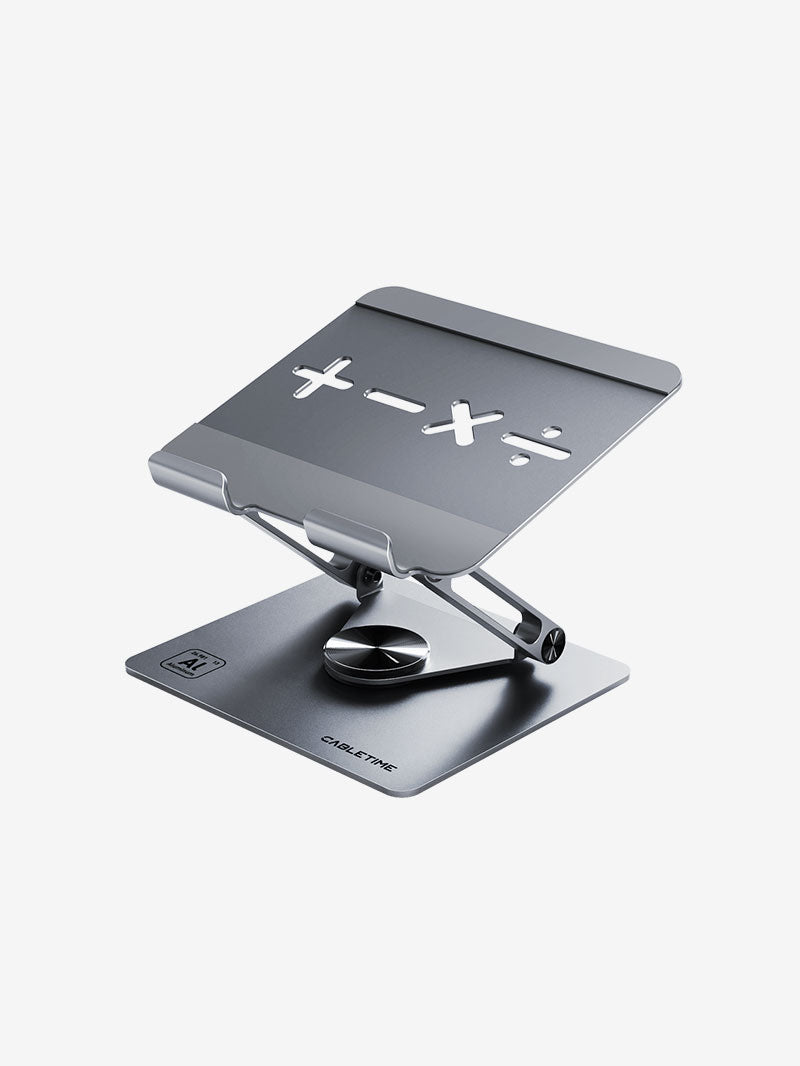 Cabletime iPad and tablet stand holder with 360° rotating base, adjustable aluminum design, foldable desktop stand for desk use in silver finish.