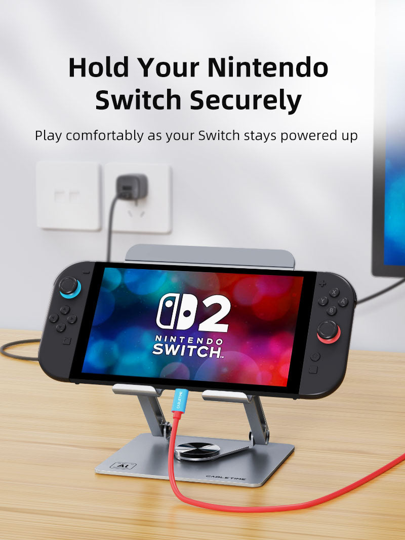 360 rotating tablet stand holder supporting Nintendo Switch console for gaming and charging.