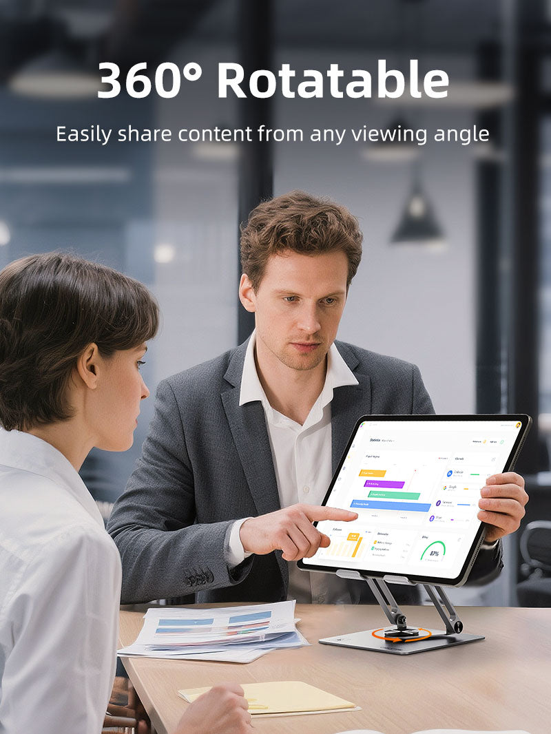 360 degree rotating iPad tablet stand used in office meeting for easy content sharing.