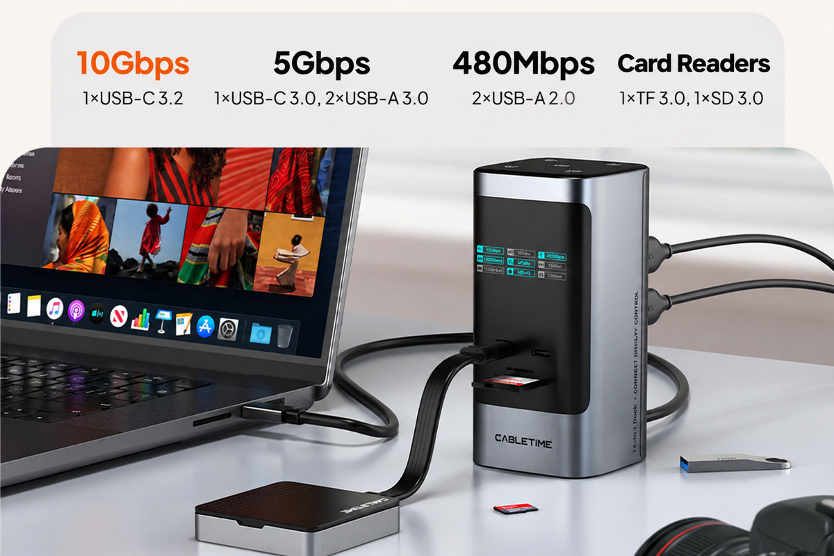 USB data ports rated up to 10Gbps, 5Gbps and 480Mbps alongside SD and microSD card readers