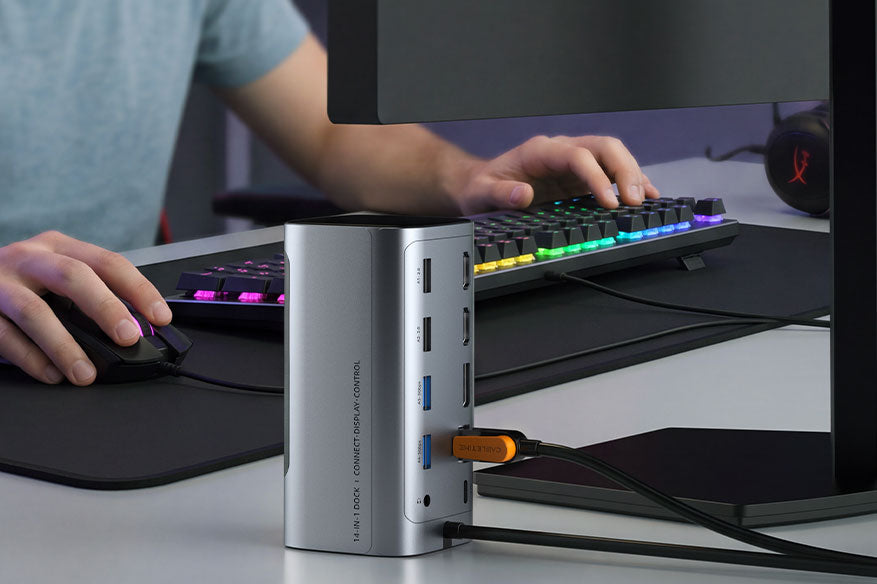 Desktop docking station connecting wired Ethernet and accessories