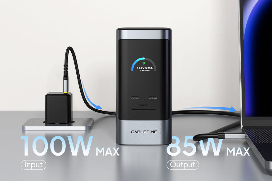 PD charging connection with 100W maximum input and 85W maximum laptop output