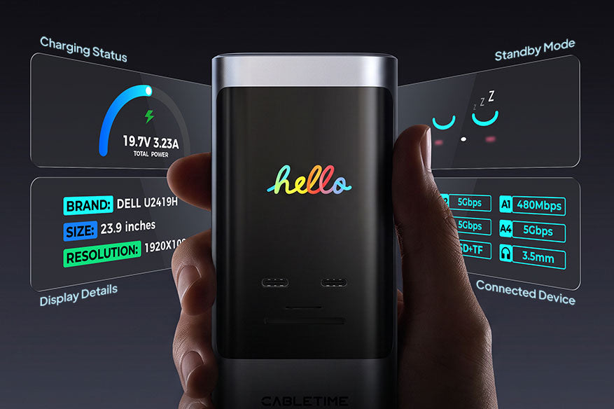 Smart status display showing connected ports, charging and monitor details