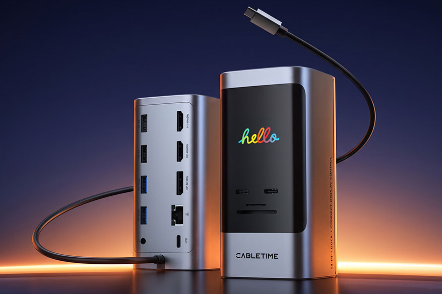 CABLETIME smart USB-C docking station with integrated host cable and display outputs
